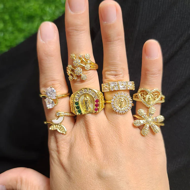 RM1386 18K Gold CZ Micro Pave Baguette Ring Cubic Zirconia Virgin Mary Virgen De Guadalupe Ring Zircon Flower Butterfly Rings