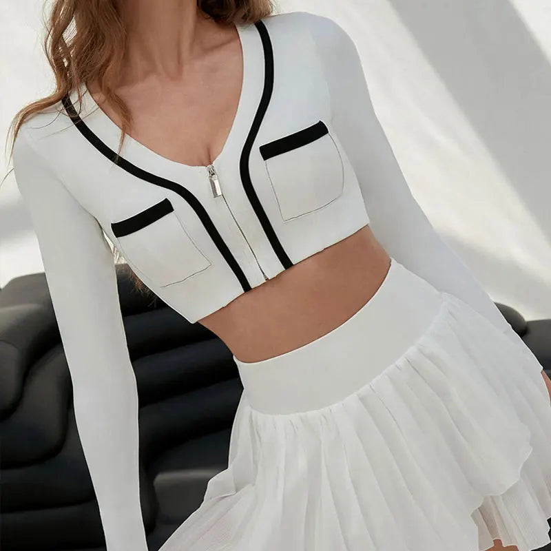 Luxury Design Tennis Golf Active Wear Contrast Binding Long Sleeve Women Zipper Front Yoga Crop Top
