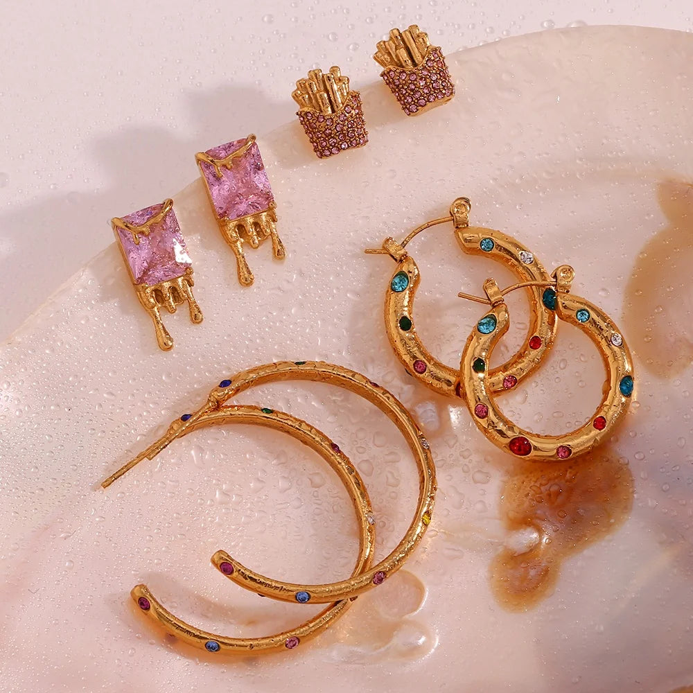 2023 Pink Zircon Hoop Earring Set Gold Plated Stainless Steel Bijoux Waterproof Trendy Jewelry