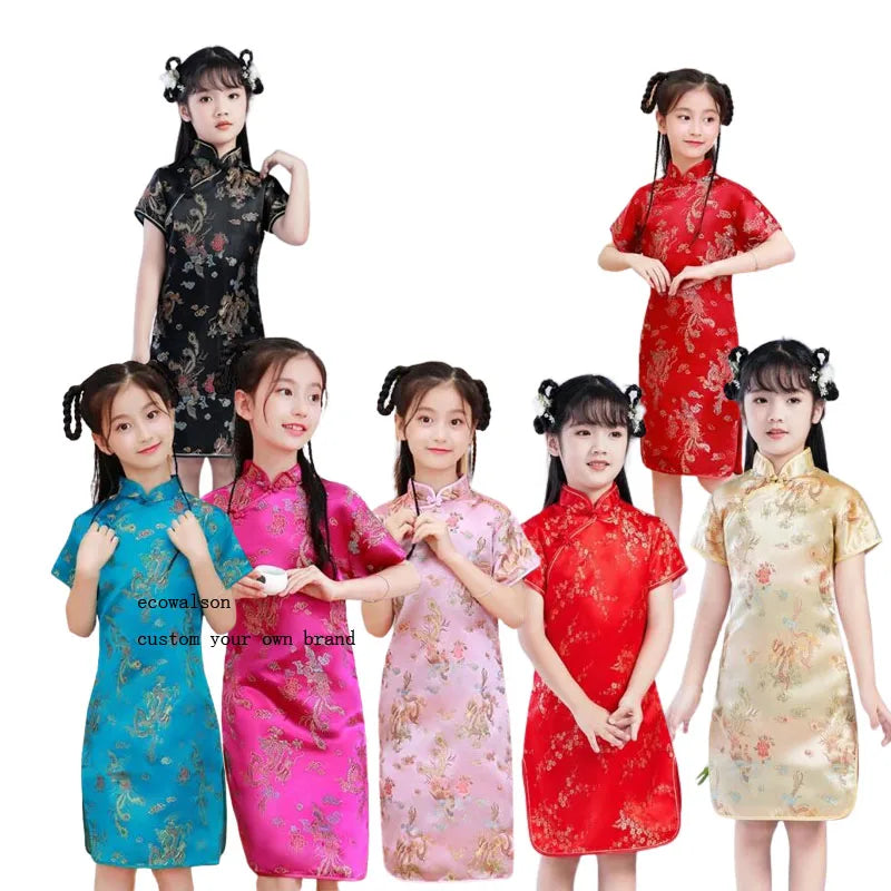 Ecowalson Cheongsam Dress Kids Tang Qipao Dress Girl Hanfu Modern Chinese Cheongsam Silk Dress Modern