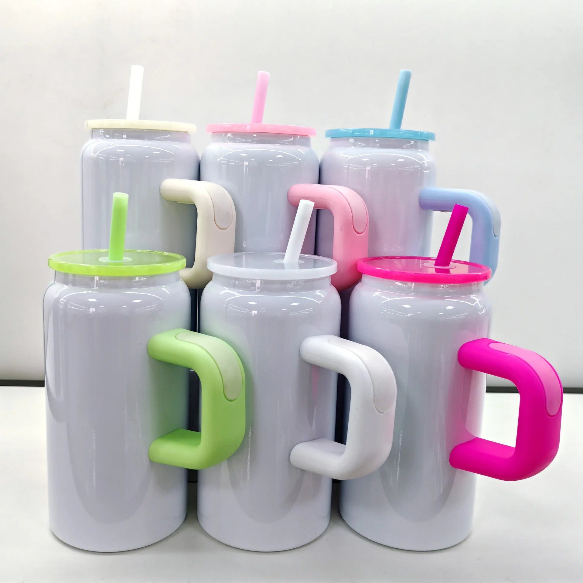 16oz Stainless Steels Can Shaped Mugs Sublimation Glass Tumbler With Handle and Straw Colored Mason Jar for Heat Transfer Press