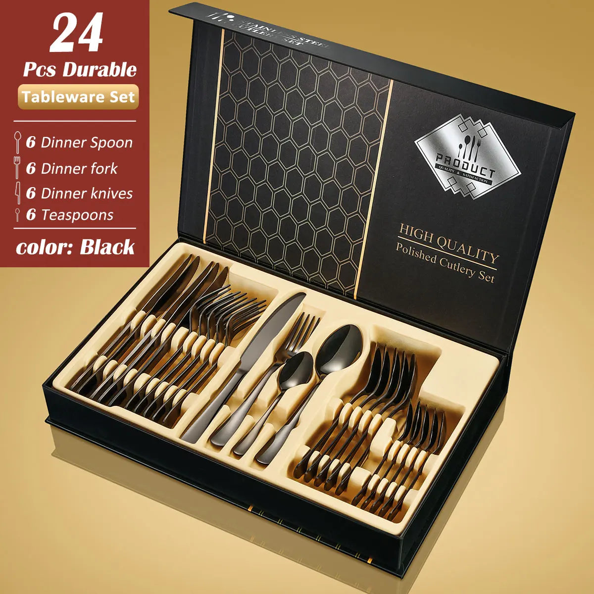 QZQ Hot Sale Gold Besteck Set With Gift Box  Mirror Metal Wedding Stainless Steel 24pcs Cutlery Set