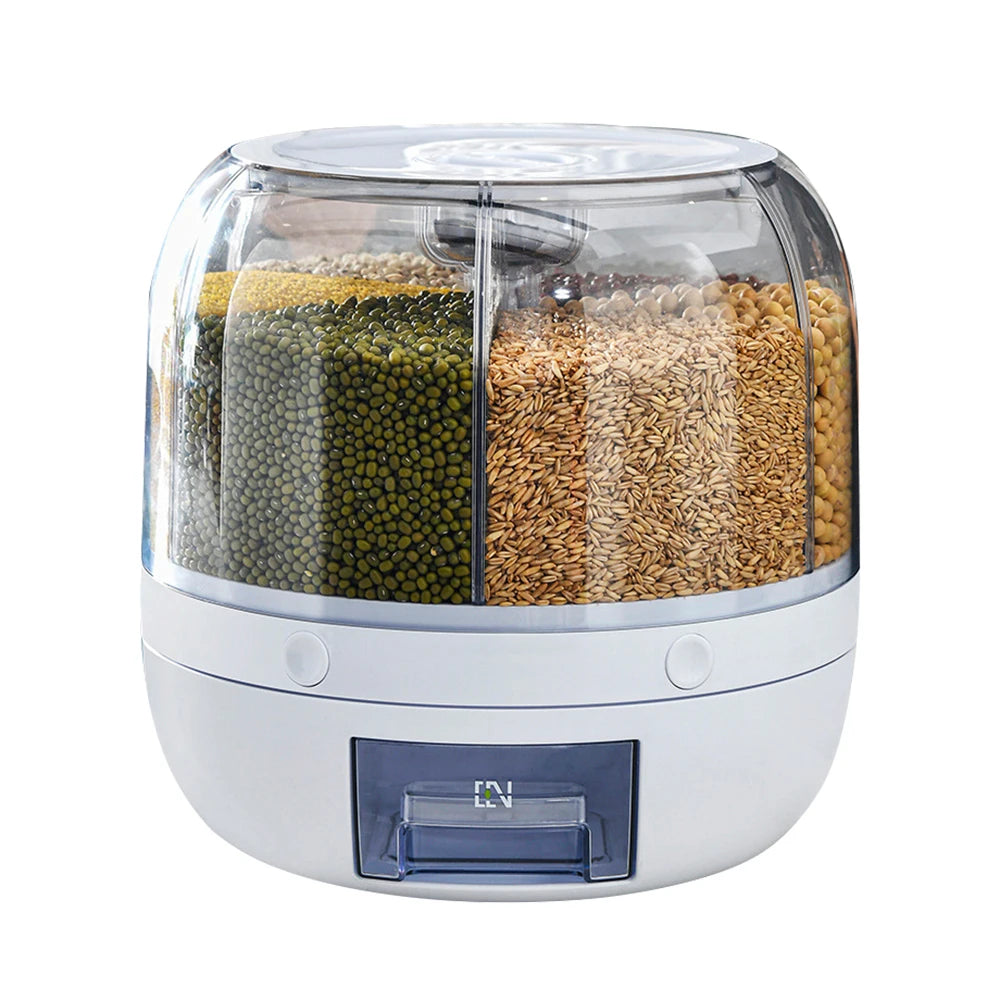 Food Grain Storage Container Large Capacity 6-Grid Rice Dispenser Rotatable Sealed Fridge Organizer Storage Box Rice Bucket