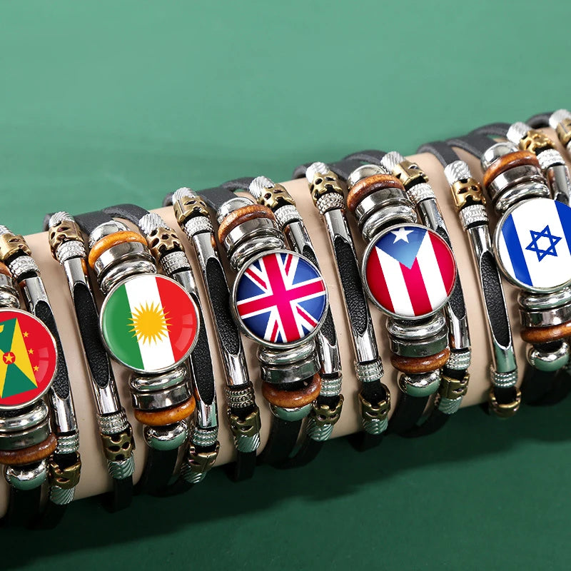 Factory National Country Flag Design Bracelet Crystal Bead Snap Button Sports National Team Jewelry Gift Leather Wrap Bracelet