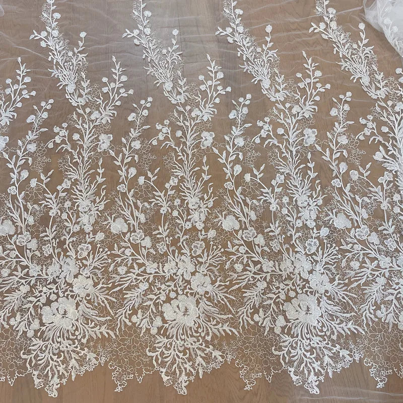 Luxurious 3D Net Yarn Embroidery Flower Leaf Branch Lace Fabric 100% Polyester with Pearls for Wedding Dress & DIY Material