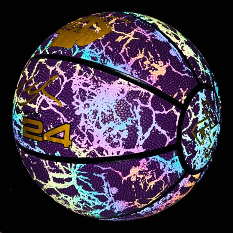 New Design Custom Logo PU Holographic  Reflective Basketball Glow in the Dark Basketball Ball