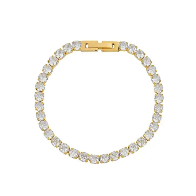 Trending Waterproof Bling Women's Stainless Steel Tennis Bracelet Gold Plated with Cubic Zirconia Crystal CZ Pave Diamond Chain