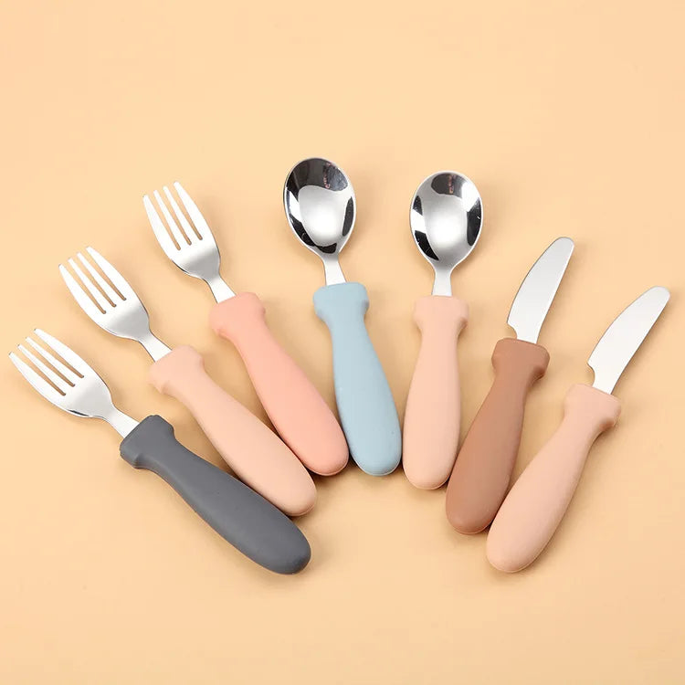 Silicone Utensil Set for Kids Training Spoon Fork Stainless Steel Knife 3-Piece Cutlery Featuring Comfortable Silicone Handle MegaBDM