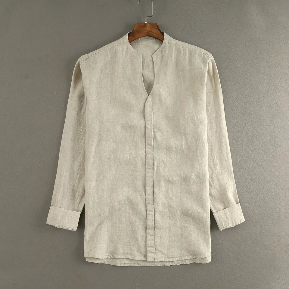 2024 Spring Summer Luxury Linen Men'S Long Sleeve Shirts Casual Men Shirt V-Neck Casual Vacation Men Luxury Shirt