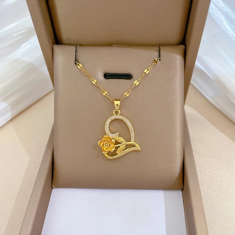 Fashion Gold Plating Stainless Steel Crystal Diamond Love Rose Pendant Necklace for Women Girls Wedding Engagement Jewelry