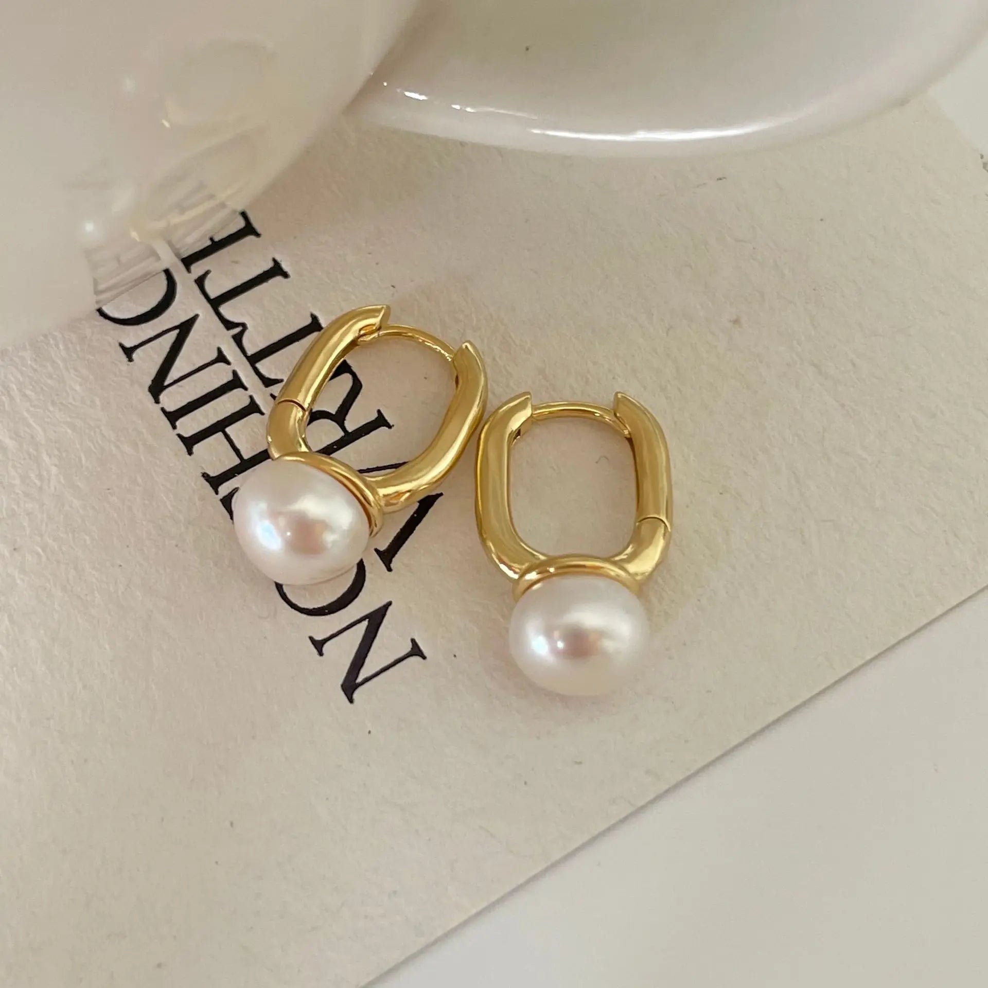 French Style S925 Sterling Silver Geometric Pearl Earrings 18K Gold Plated Freshwater Pearl Earrings