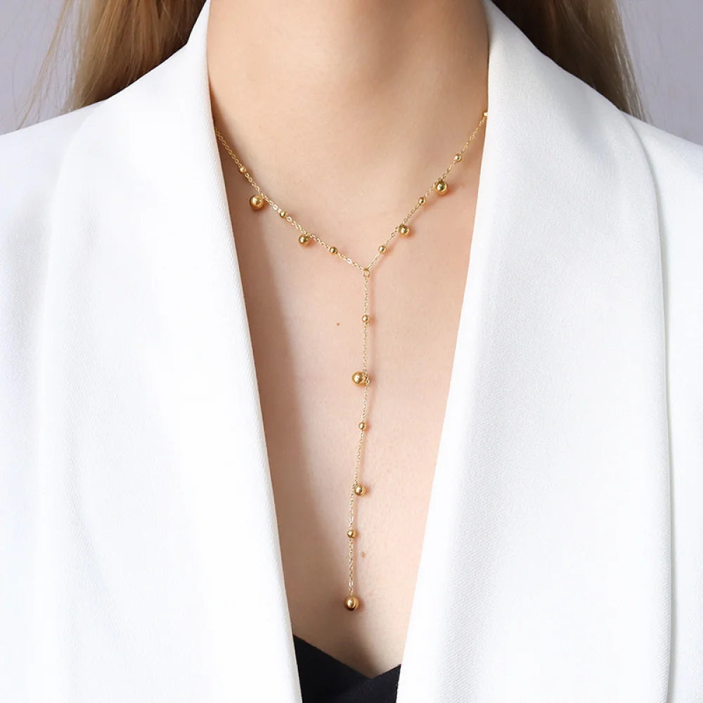 Women Fashion Gold Plated Long Stainless Steel Jewelry 18K Pvd Gold Plated Bead Chain Necklace