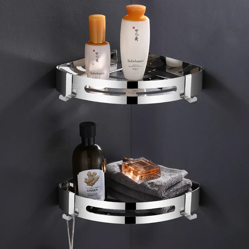 Modern Stainless Steel Shower Caddy Shelf Wall-Mounted for Kitchen & Bathroom Corner Design