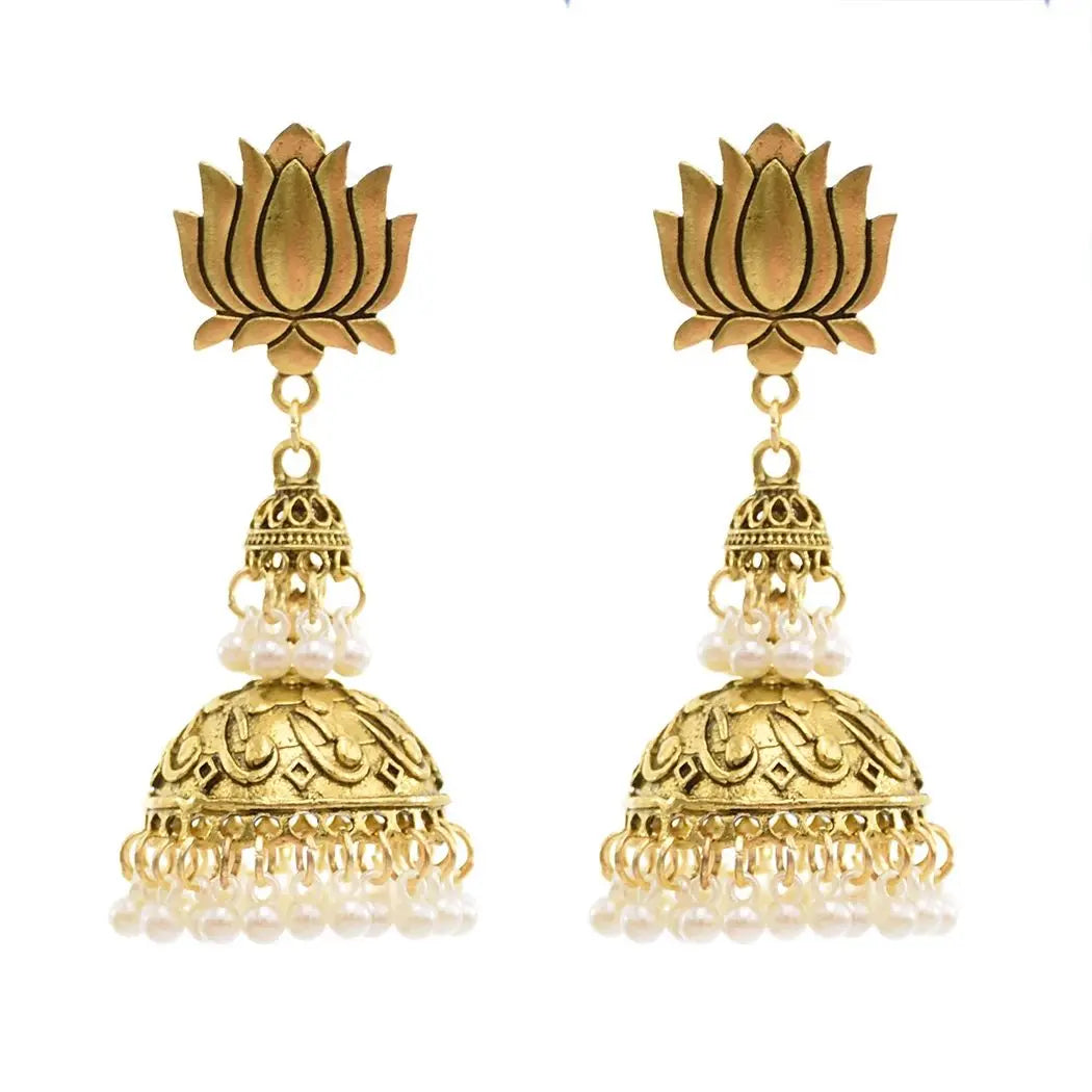 Bohemian Indian Golden Pearl Beads Bell Tassel Chandelier Earrings Lotus Flower Women Earring