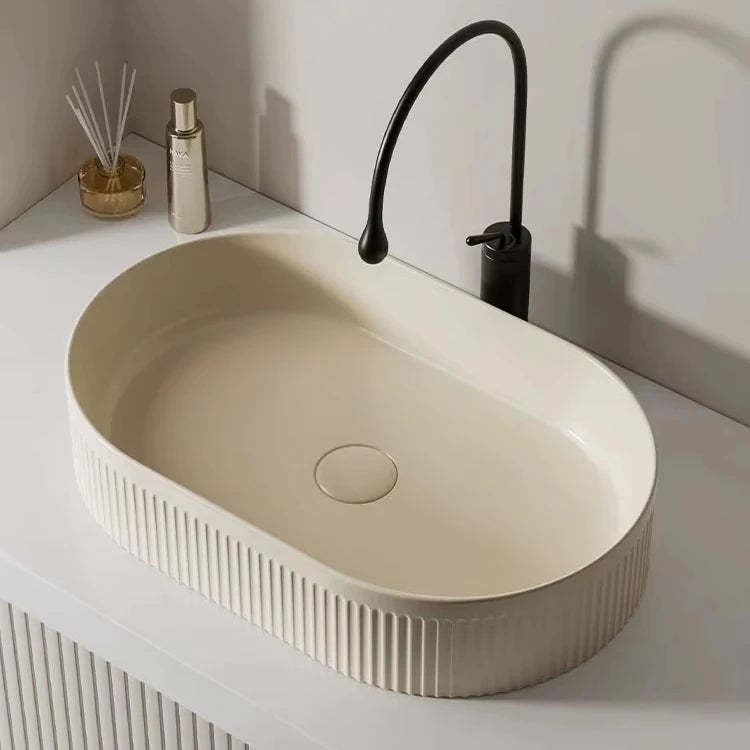 Modern Butter Yellow Groove Flute Design Above Counter Lavabo Bathroom Sink Table Top Ceramic Wash Basin