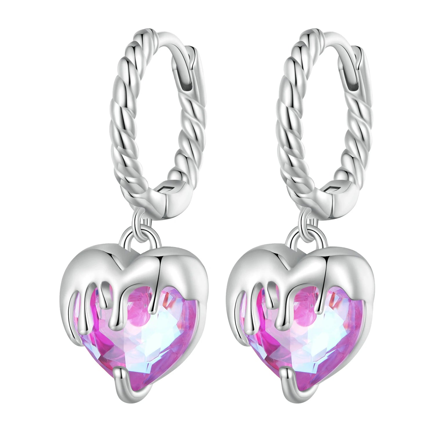925 Sterling Silver Melted Love Fine Dangle Earrings Pink Heart Drop Ear Buckles for Women Romantic Birthday Gift Jewelry BSE833