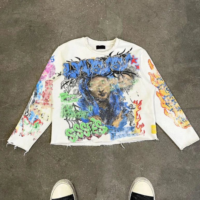 OEM Street Wear Custom Dtg Printed Men's 260 280 Gsm Crew Neck Cropped French Terry Cotton Long Sleeve t Shirt Graphic T-shirts