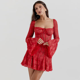 New Lace Flared Sleeve Sexy French Casual Backless Dress