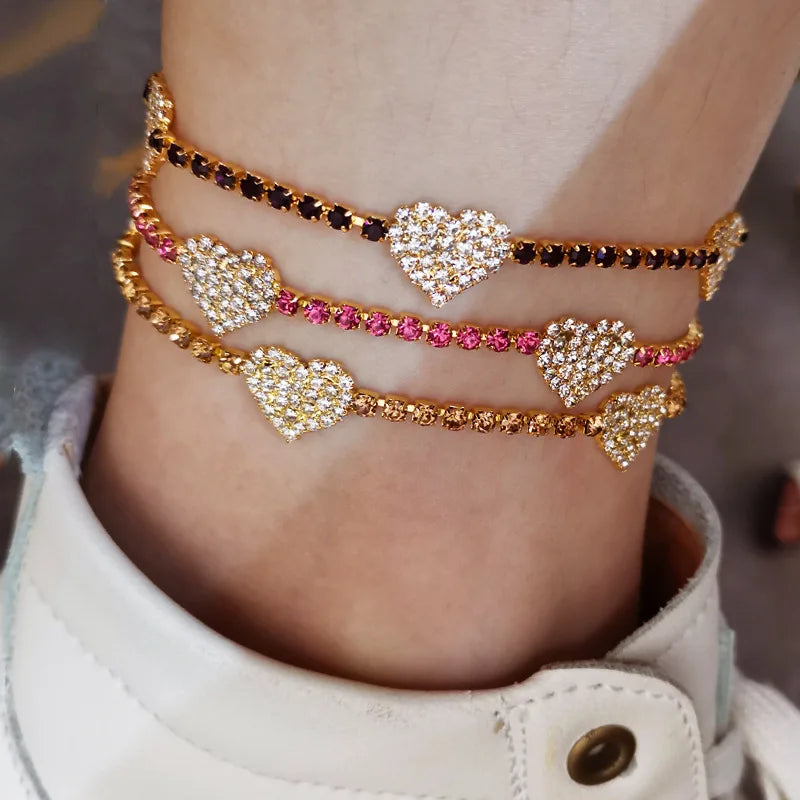 HOVANCI Barefoot Jewelry Shiny Silver Rhinestone Fashion Heart Tennis Non Tarnish Anklets Fine Jewelry for Women