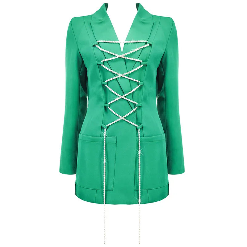 A7261 Fast Shipping  Women Causal Coat Turn-down Collar Crystal Chain  Women Designer Coat