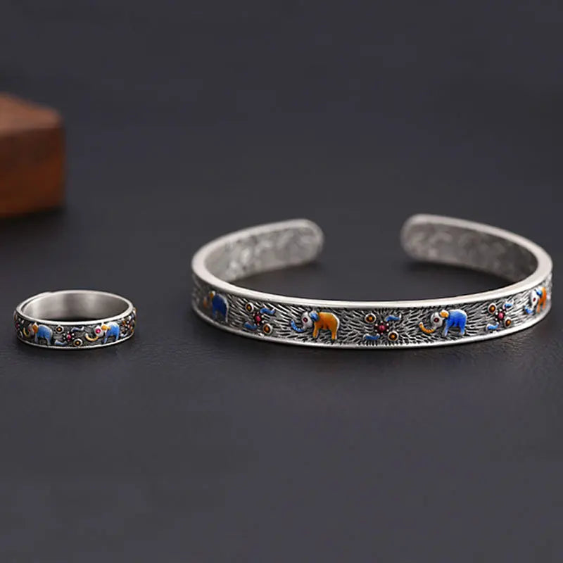 Retro African Elephant Bracelet Peanut Copper Coin Enamel Ring Ethnic Style Colorful Elephant Ring Bracelet