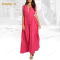 Wholesale Women Cotton V-Neck Sleeveless Backless Design Button Pleat Open Waistband Loose Fit Split Style Casual Maxi Dress