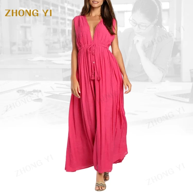 Wholesale Women Cotton V-Neck Sleeveless Backless Design Button Pleat Open Waistband Loose Fit Split Style Casual Maxi Dress