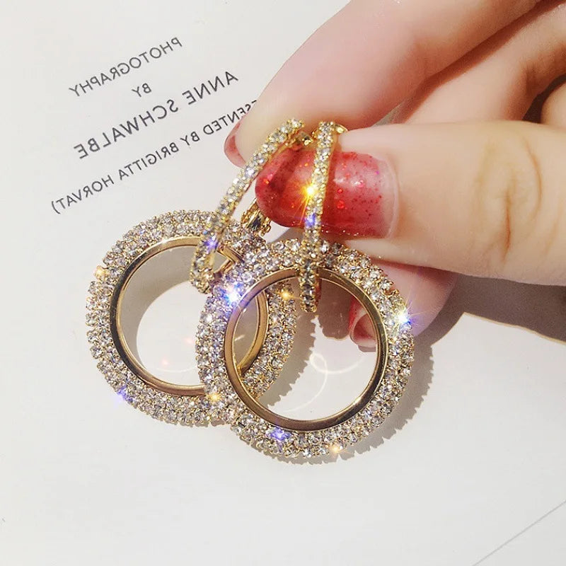 18K Gold Plated Women Shiny Drop Earrings Elegant Diamond Double Circle Rhinestone Hoop Earring