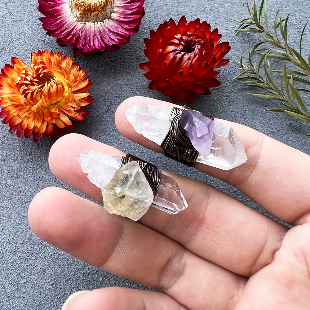 Hot Raw Stone Healing Crystal Vintage Jewelry Rings Antique Bronze Plating Wire Wrapped Clear Quartz with Amethyst Citrine Ring