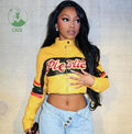 New Women's Street Fashion Short PU Leather Motorcycle Jacket Patchwork Letter Embroidery Hipster Full Sleeve Zip Varsity Coat