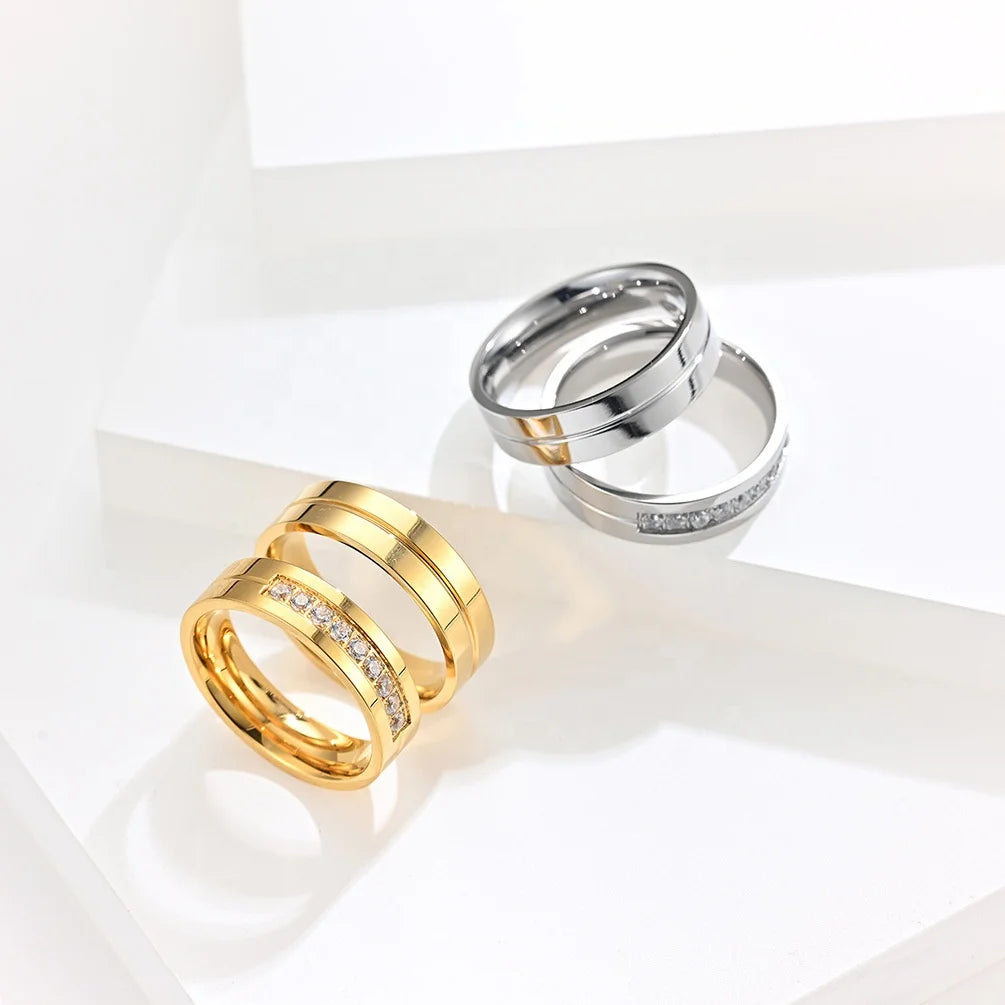 Simple Classic Design Round 18K Gold Plated Stainless Steel Zircon Women Men Couple Charm Wedding Ring
