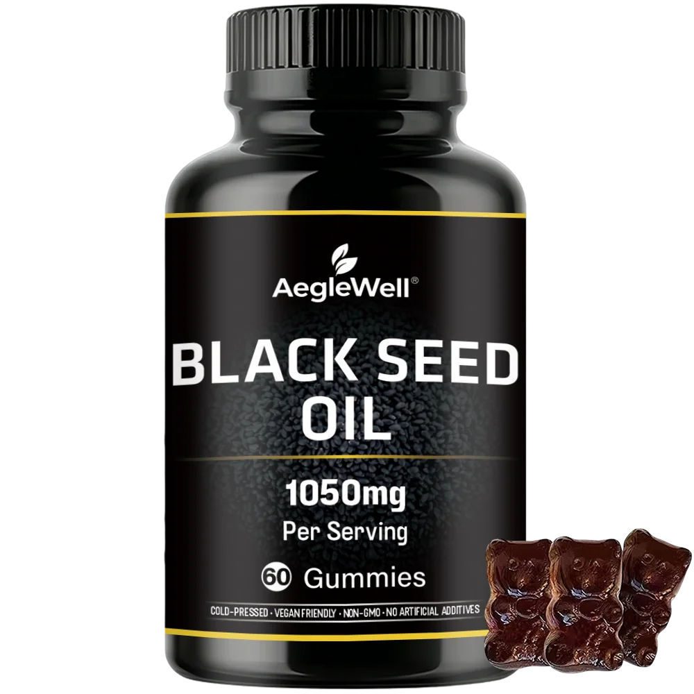 AegleWell Cold Pressed Black Seed Oil Gummies 1050mg Vegan Friendly Non GMO Supports Digestive & Skin Health