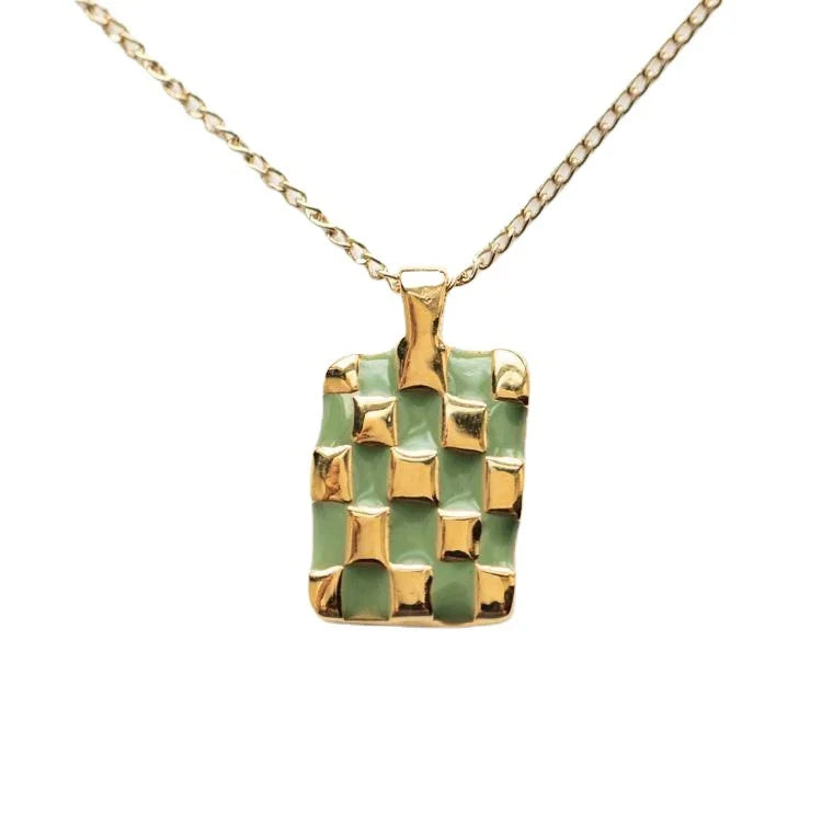 Customized Green Enamel Rectangle Pendant Necklaces Stainless Steel Gold Plated square Pendant Necklace for Women
