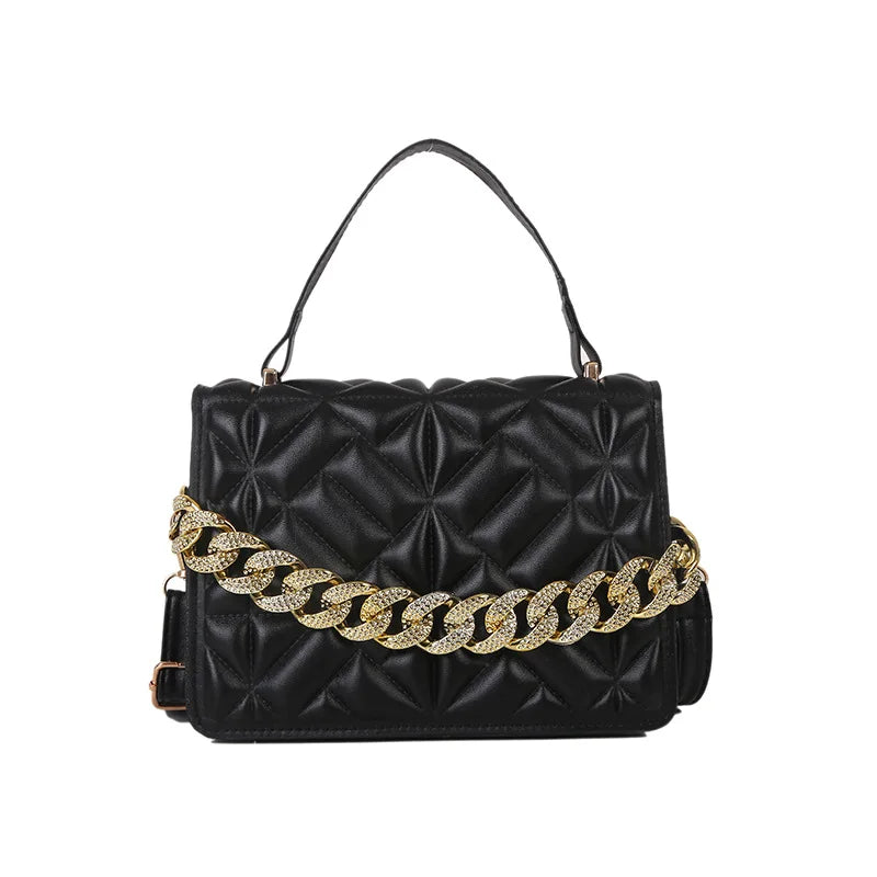 New Trendy Designer Women's PU Leather Hand Bags Sling Tote with Flap Closure and Chains Decoration ODM Supply Custom Logo