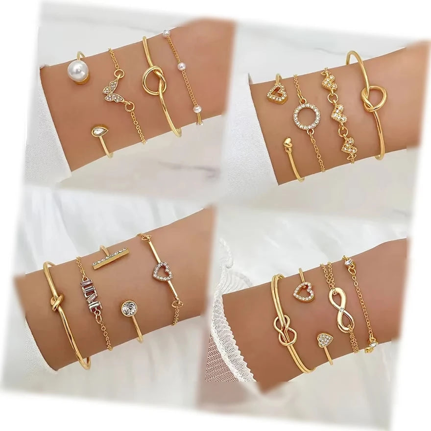 4pcs/Set Fashion New Design Butterfly Rhinestone Pearl Heart Zircon Letter Bracelet Set for Women Jewelry