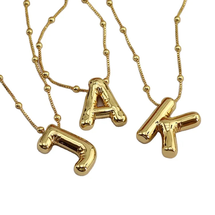 NZ1003 18K Gold Plated Bubble 3D Puffy Alphabet Initial Letter Necklaces A-Z 26 Initial Jewelry for Women