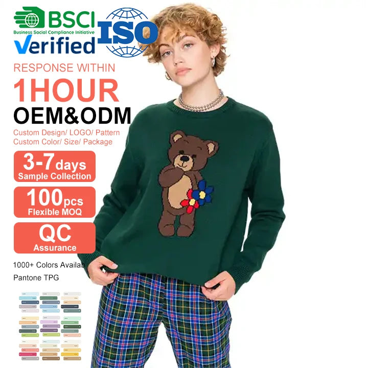 2022 Hot-selling Custom Logo Jacquard Cute Bear Design Knit Women Vintage Winter 100% Cotton Free Pullover Crew Neck Sweater