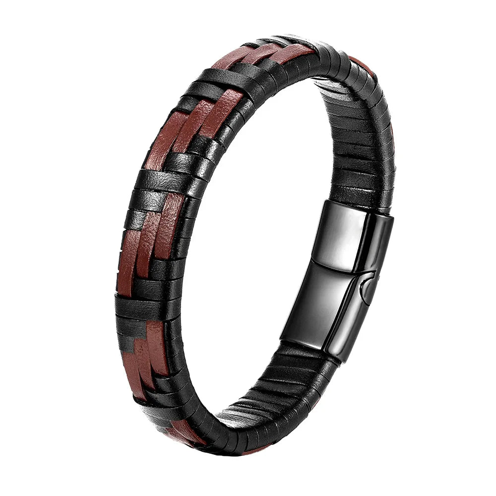 2024 New Men's 316 Stainless Steel Magnet Clasp Bracelet Black Genuine Leather Pulsera Hombre Fashionable Charm Bracelet for