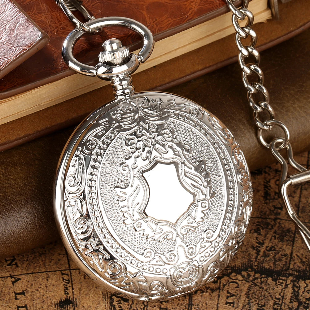 Silver Shield Skeleton Mechanical Pocket Watches With Chain Full Hunter Steampunk Mechanical Locket Watch Pendant for Men Gift
