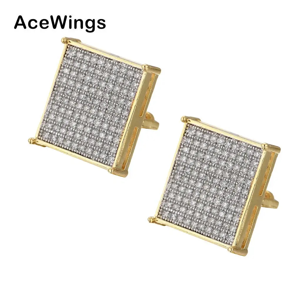 E007 Bling Bling Hip Hop Micro Pave Cubic Zircon Stud Earrings Trendy Brass Religious Party Jewelry Rhodium for Men Women