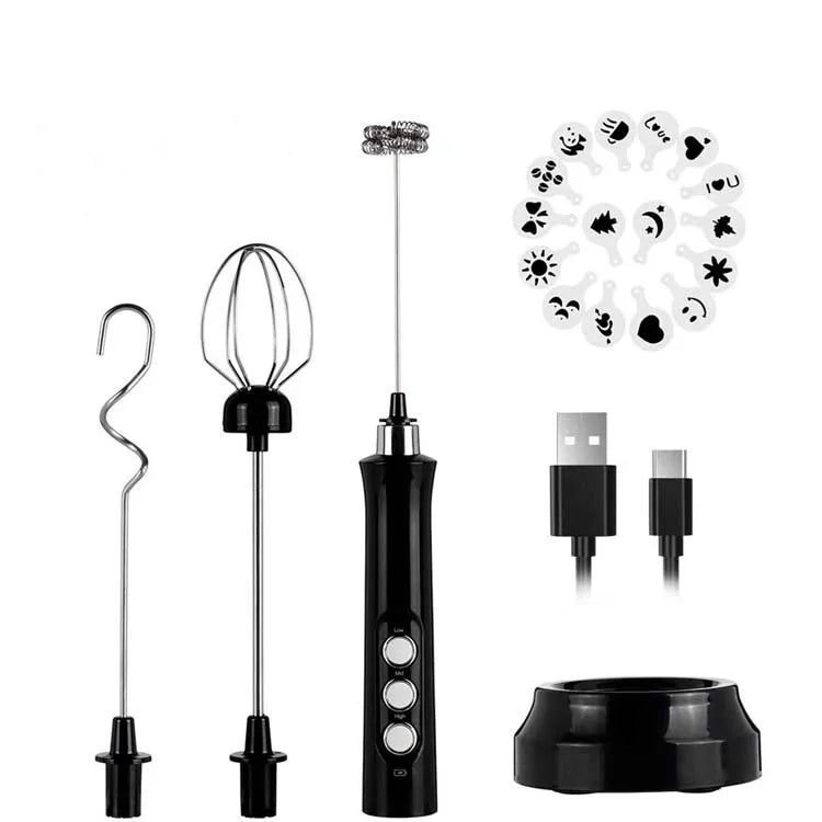 Stainless Steel Plastic USB Charging 3-Speed Adjustable Digital Control Milk Frother with Spoons
