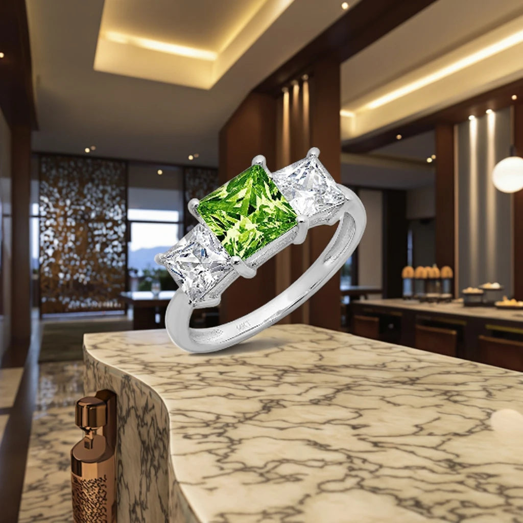 Brilliant Princess Stunning Genuine Flawless Natural Green Peridot Gem Gold Rings for Women