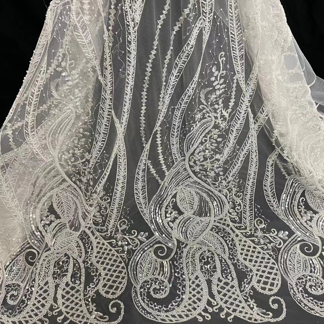 HY1784 New French Style White Sequin Lace Bead Sequin Fabric With Small Pearl Wedding Dress Evening Dress Material Pajamas