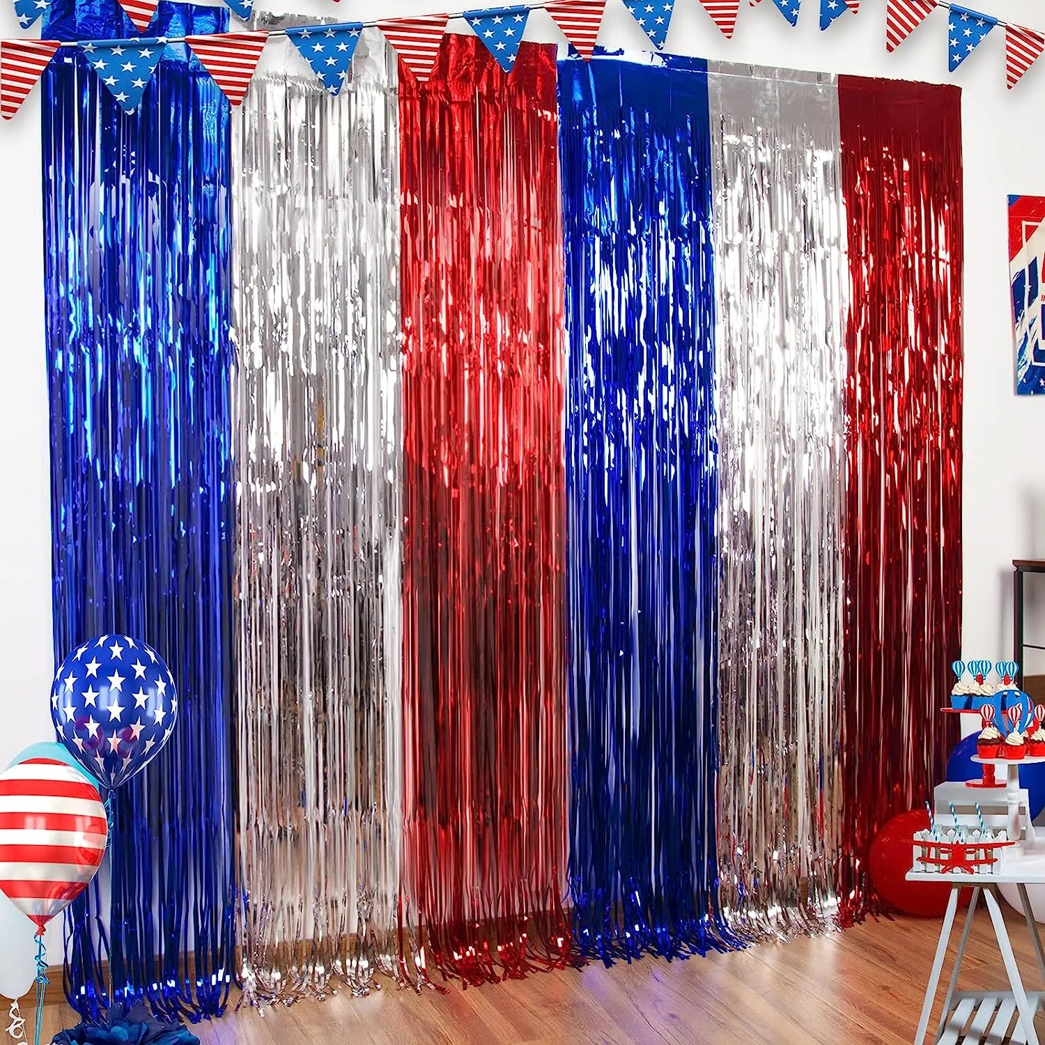 America Patriotic Independence Day Decorations 4th of July Photo Booth Props Backdrop Red Blue Silver Foil Curtains