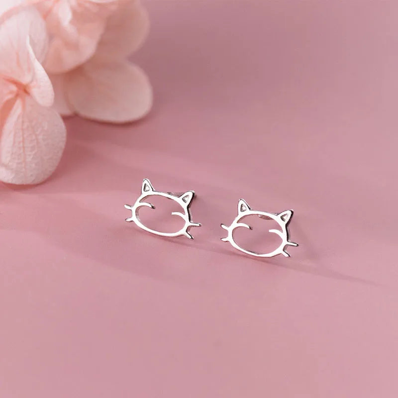 Simple 925 Sterling Silver Hollow Lovely Cat Stud Earrings for Women Gifts Fine Jewelry