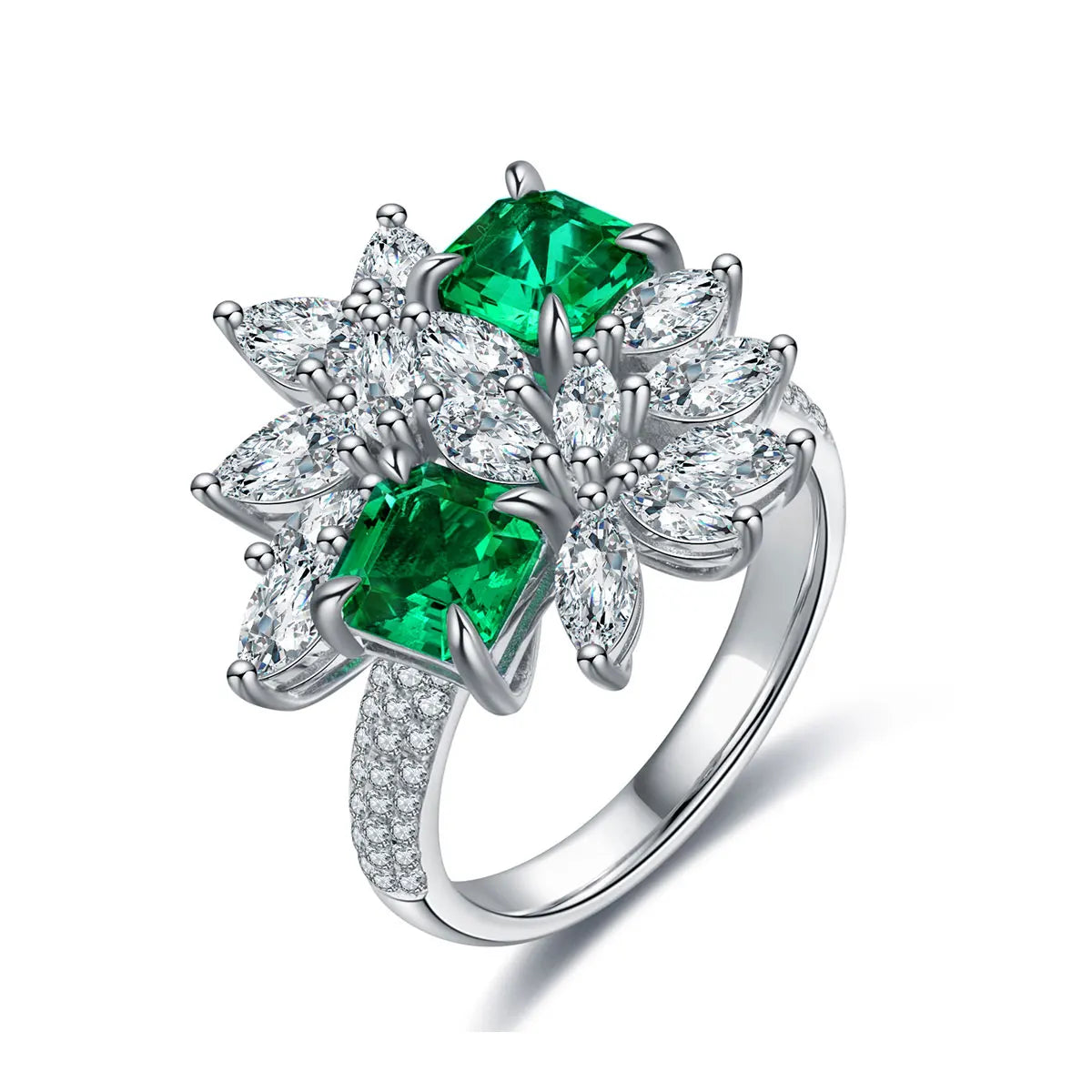 S925 Sterling Dainty Jewelry Gemstones Silver Rings Lab Grown Emerald Flower Ring Accessories Wholesale