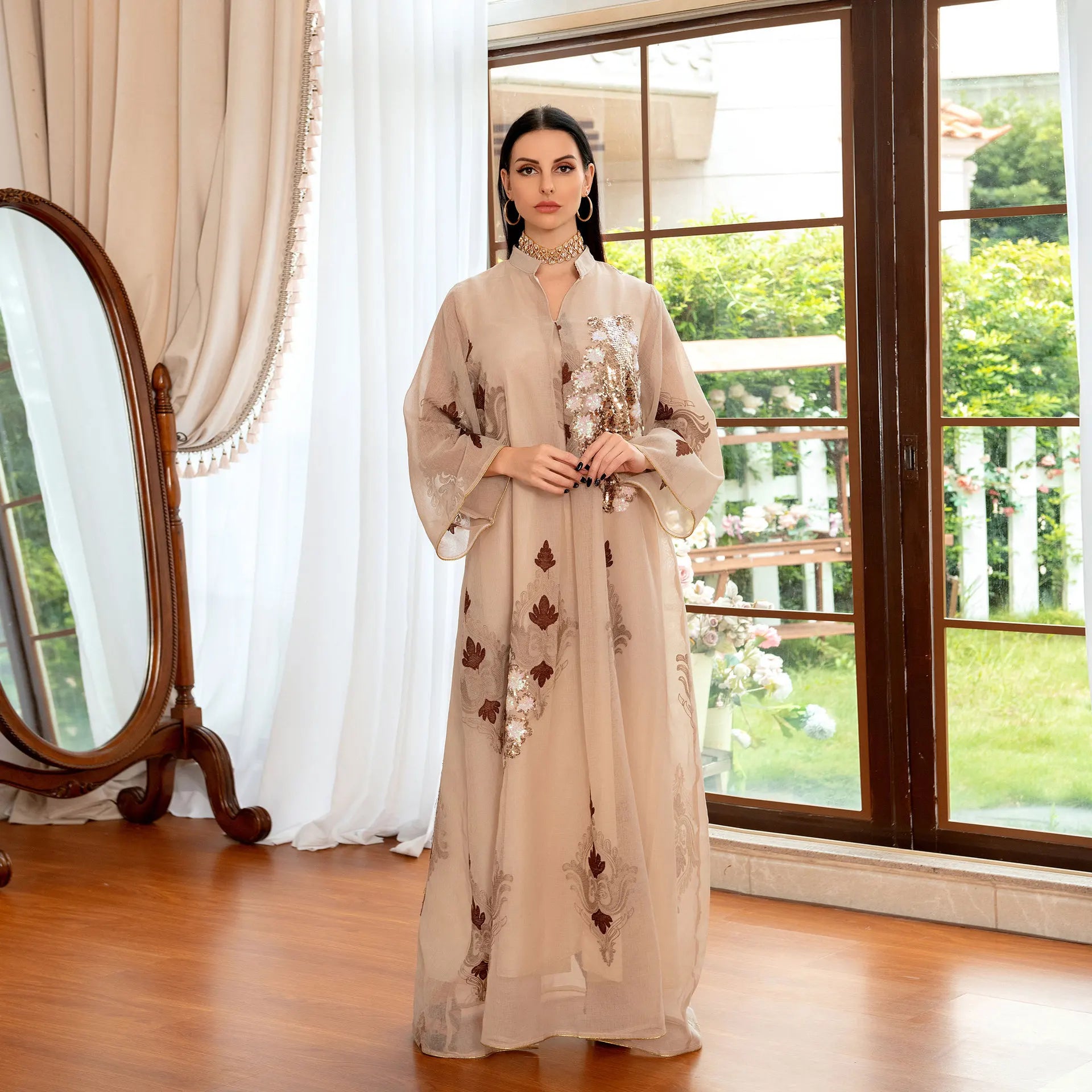 Eid Elegant Ramadan Arab Clothes Ramzan Adha Muslim Evening Long Sequin Fitr Embroider Beading Dress Women Abaya Dubai