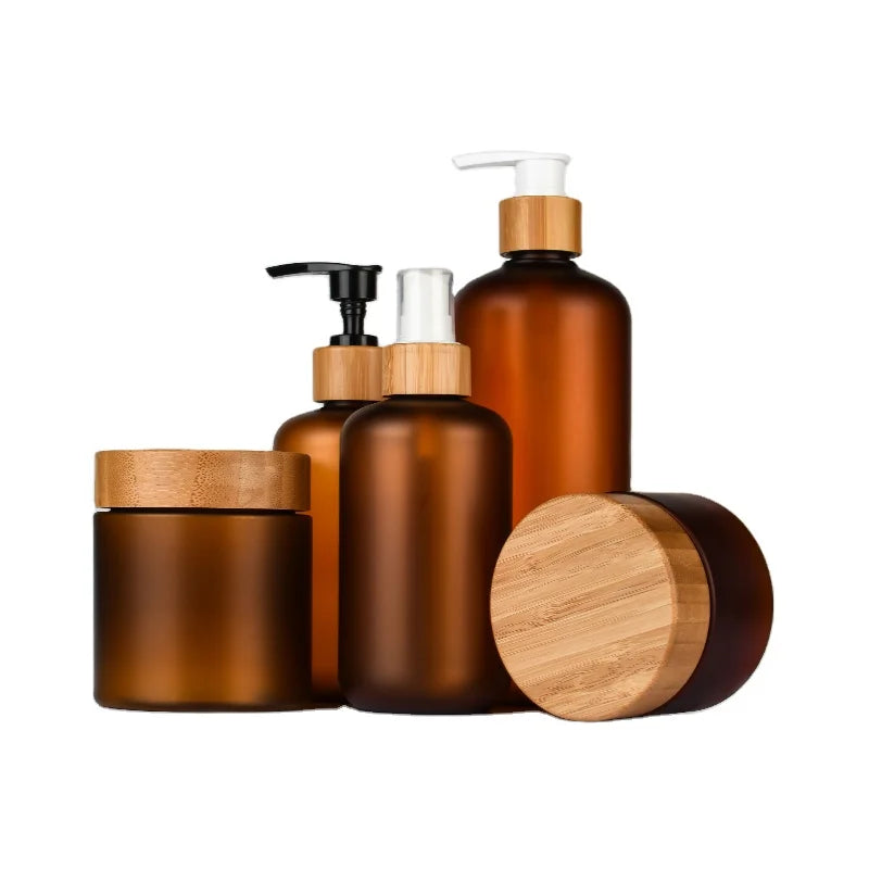 50ml 60ml 100ml 120ml  250ml 500ml Frosted Amber Plastic Bottle with Bamboo Pump Cap