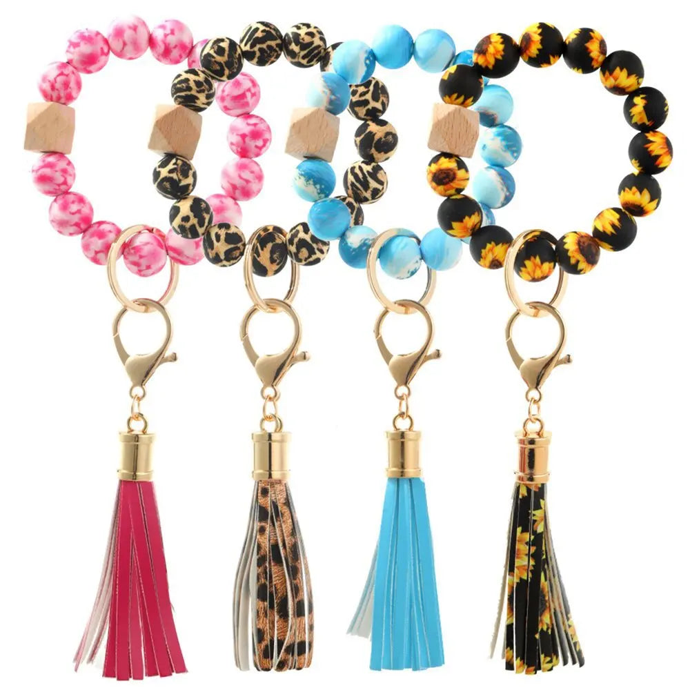 Silicone Wood Bead Bracelet Keychain Beaded Elastic Bracelet Keychain Tassel Wristlet Keychain
