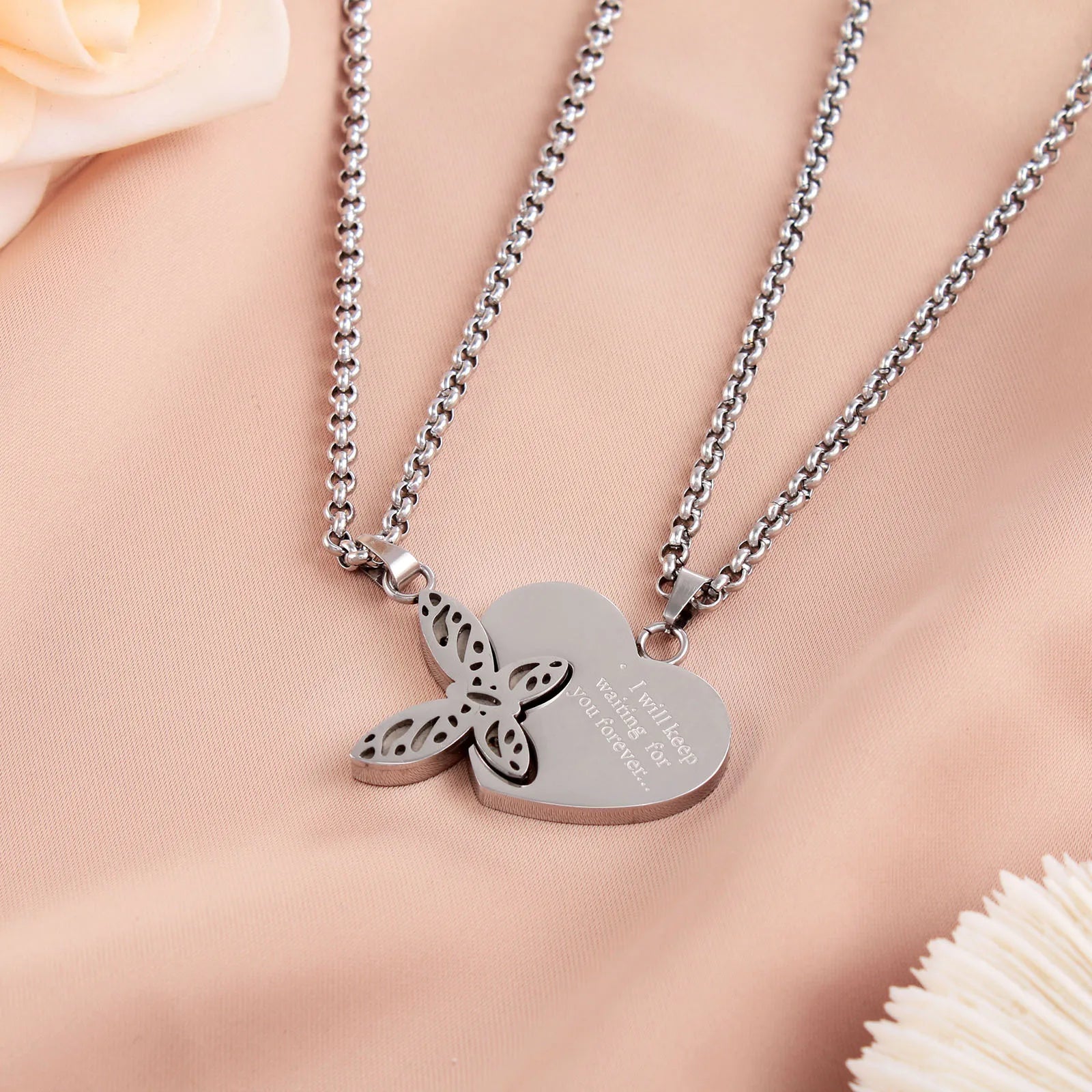 New Arrivals Splicing Stainless Steel O Chain Love Heart Butterfly Couple Necklace for Valentine'S Day Couple Gift